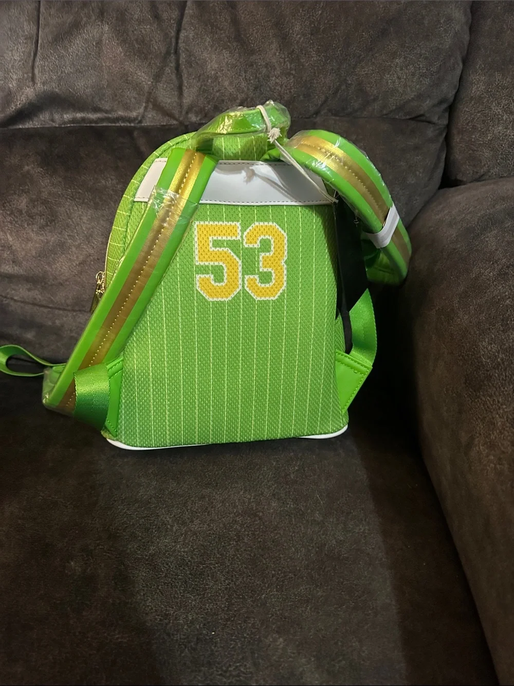 Loungefly Tinker Bell Jersey Bright Green Mini Backpack with Gold Accents